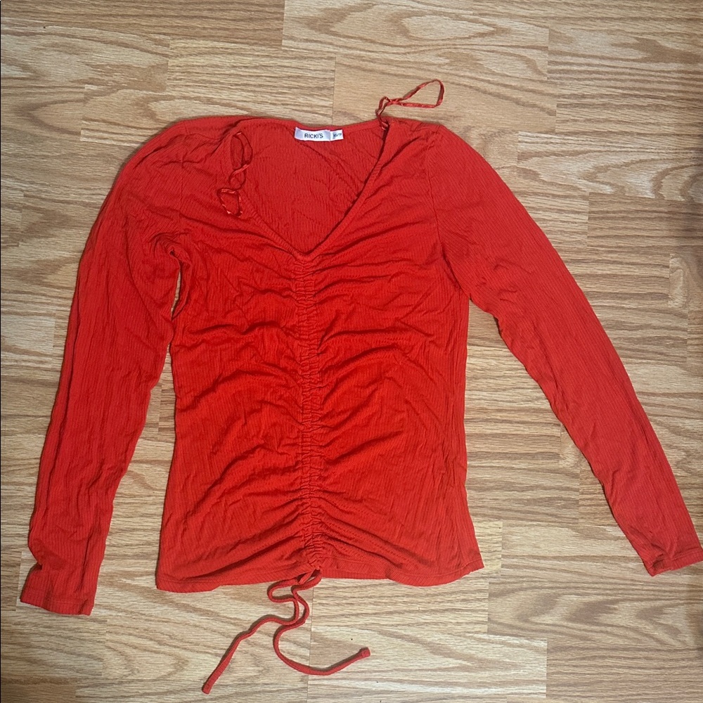 Rickis Bright Red Ruched V-Neck Long Sleeve Top